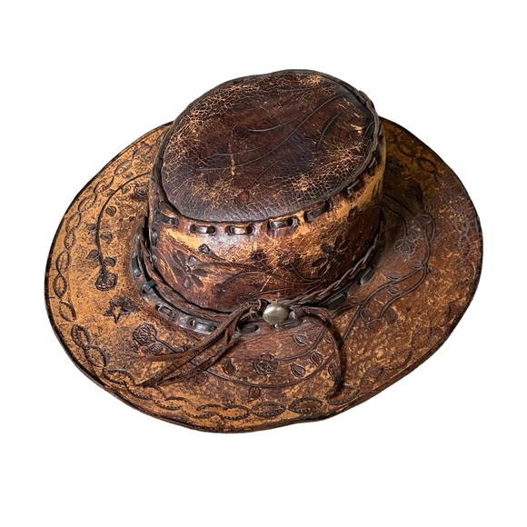 (SOLD) HANDMADE Vintage Hand Tooled Leather Mexican Western Cowboy Hat Hat O/S - Picture 6 of 15